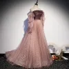 Two Tone Pearl Pink Glitter Prom Dresses 2021 A-Line / Princess Off-The-Shoulder Long Sleeve Beading Sweep Train Ruffle Backless Formal Dresses