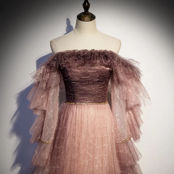 Two Tone Pearl Pink Glitter Prom Dresses 2021 A-Line / Princess Off-The-Shoulder Long Sleeve Beading Sweep Train Ruffle Backless Formal Dresses