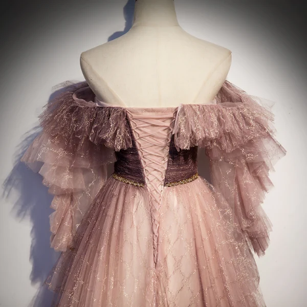Two Tone Pearl Pink Glitter Prom Dresses 2021 A-Line / Princess Off-The-Shoulder Long Sleeve Beading Sweep Train Ruffle Backless Formal Dresses