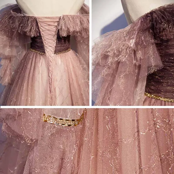 Two Tone Pearl Pink Glitter Prom Dresses 2021 A-Line / Princess Off-The-Shoulder Long Sleeve Beading Sweep Train Ruffle Backless Formal Dresses