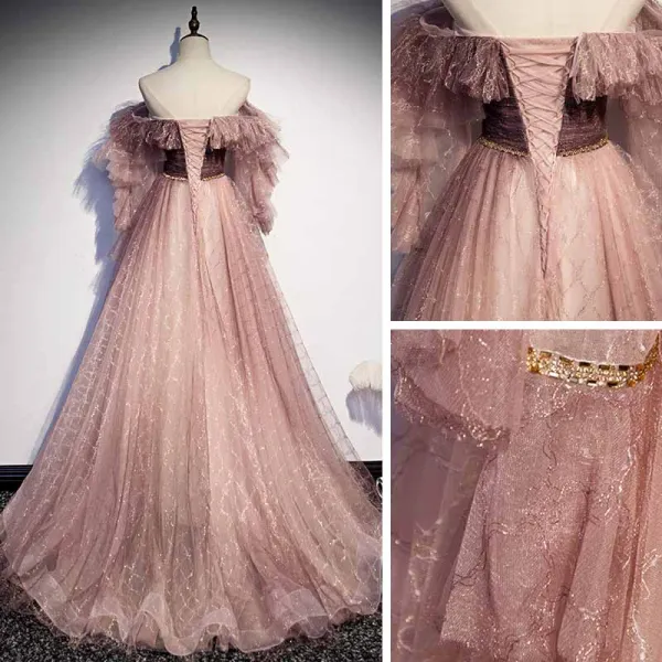 Two Tone Pearl Pink Glitter Prom Dresses 2021 A-Line / Princess Off-The-Shoulder Long Sleeve Beading Sweep Train Ruffle Backless Formal Dresses
