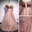 Two Tone Pearl Pink Glitter Prom Dresses 2021 A-Line / Princess Off-The-Shoulder Long Sleeve Beading Sweep Train Ruffle Backless Formal Dresses