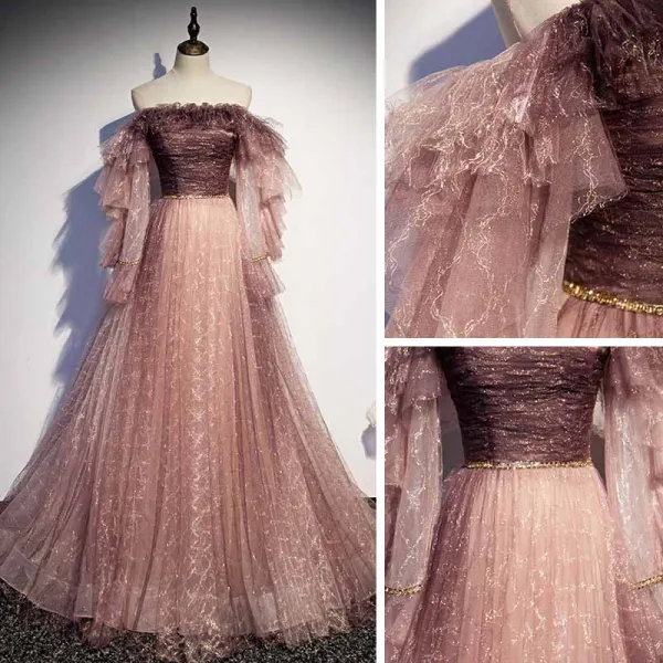 Two Tone Pearl Pink Glitter Prom Dresses 2021 A-Line / Princess Off-The-Shoulder Long Sleeve Beading Sweep Train Ruffle Backless Formal Dresses