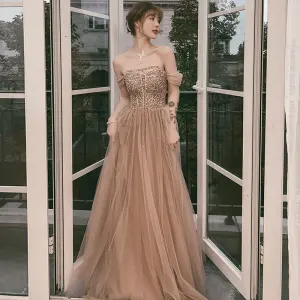 Elegant Champagne Ballkjoler 2021 Prinsesse Kjæreste Korte Ermer Beading Paljetter Lange Buste Ryggløse Formelle Kjoler