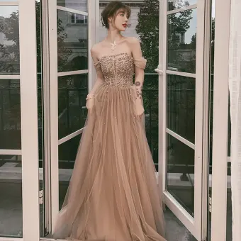 Élégant Champagne Robe De Bal 2021 Princesse Amoureux Manches Courtes Perlage Paillettes Longue Volants Dos Nu Robe De Ceremonie