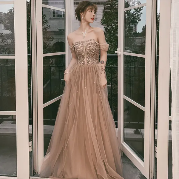 Elegant Champagne Prom Dresses 2021 A-Line / Princess Sweetheart Short Sleeve Beading Sequins Floor-Length / Long Ruffle Backless Formal Dresses