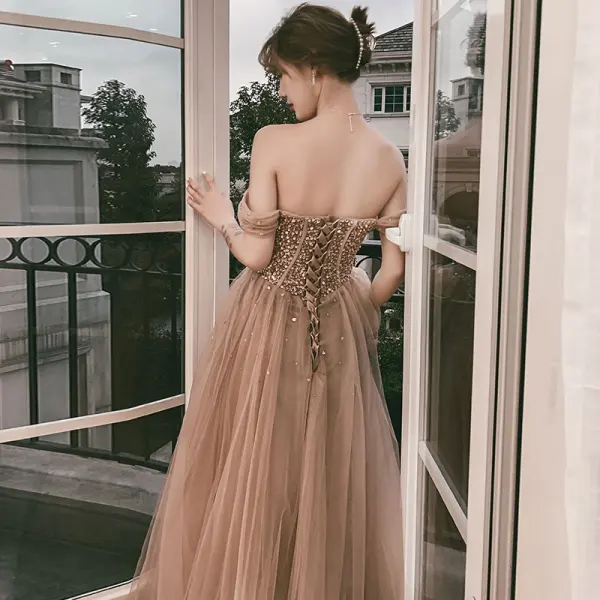 Elegant Champagne Ballkjoler 2021 Prinsesse Kjæreste Korte Ermer Beading Paljetter Lange Buste Ryggløse Formelle Kjoler