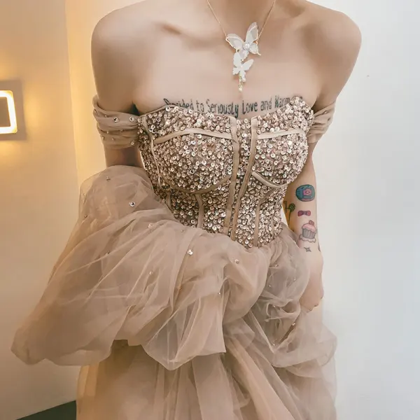 Elegant Champagne Ballkjoler 2021 Prinsesse Kjæreste Korte Ermer Beading Paljetter Lange Buste Ryggløse Formelle Kjoler
