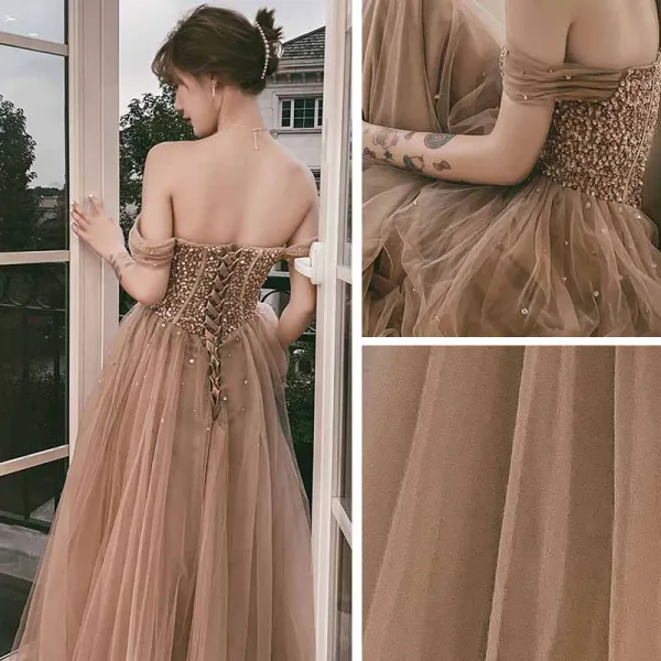 Elegant Champagne Ballkjoler 2021 Prinsesse Kjæreste Korte Ermer Beading Paljetter Lange Buste Ryggløse Formelle Kjoler