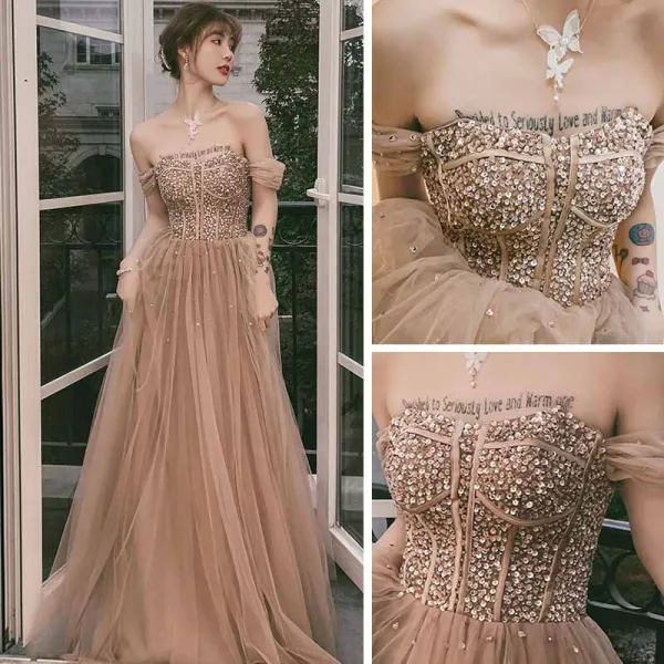 Elegant Champagne Ballkjoler 2021 Prinsesse Kjæreste Korte Ermer Beading Paljetter Lange Buste Ryggløse Formelle Kjoler