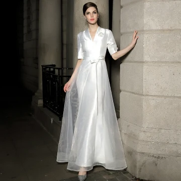 Mode Blanche Satin Robe De Soirée 2021 Princesse V Cou 1 2 Manches Ceinture Appliques Paillettes Longue Volants Robe De Ceremonie