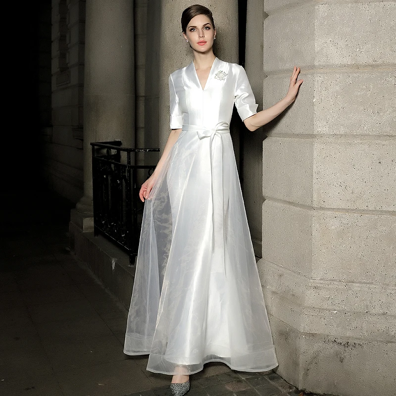 chinese dress ladies A-Line V Neck Sleeveless Satin Floor-Length Prom Dress, Pockets Split main image 0