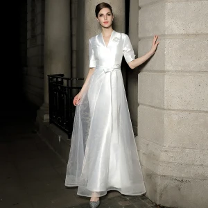 Moda Blanco Satén Vestidos De Noche 2021 A Line Princess V Cuello 1 2 Ærmer Cinturón Apliques Lentejuelas Largos Ruffle Vestidos Formales