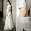 Moda Białe Satyna Sukienki Wieczorowe 2021 Princessa V-Szyja 1/2 Rękawy Szarfa Aplikacje Cekiny Długie Wzburzyć Sukienki Wizytowe