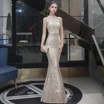 Glitter Champagne Pailletten Avondjurken 2021 Trompet Zeemeermin Hoge Kraag Mouwloos Kralen Lange Ruche Gelegenheid Jurken
