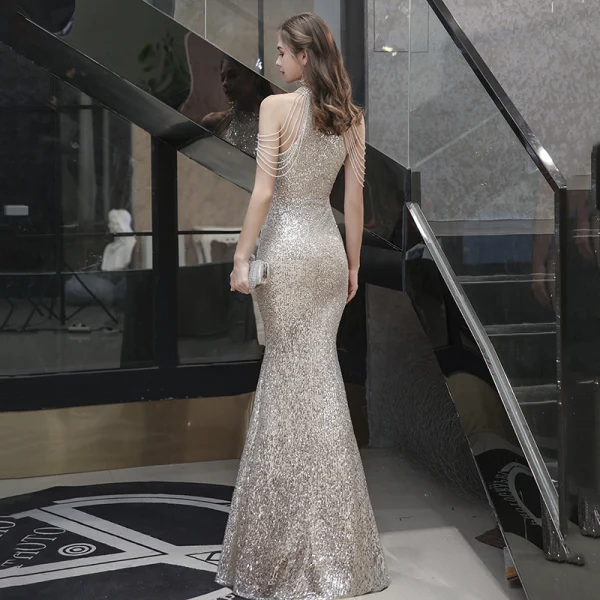 Sparkly Champagne Sequins Evening Dresses  2021 Trumpet / Mermaid High Neck Sleeveless Beading Floor-Length / Long Ruffle Formal Dresses