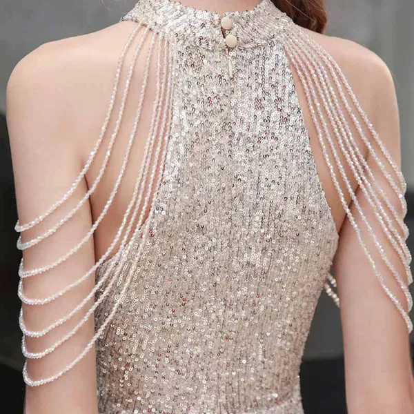 Sparkly Champagne Sequins Evening Dresses  2021 Trumpet / Mermaid High Neck Sleeveless Beading Floor-Length / Long Ruffle Formal Dresses