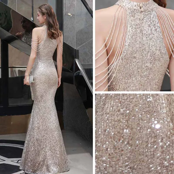 Sparkly Champagne Sequins Evening Dresses  2021 Trumpet / Mermaid High Neck Sleeveless Beading Floor-Length / Long Ruffle Formal Dresses