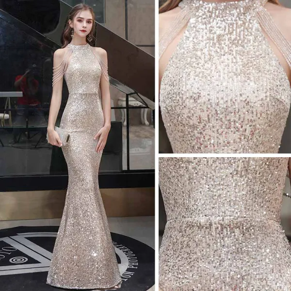 Sparkly Champagne Sequins Evening Dresses  2021 Trumpet / Mermaid High Neck Sleeveless Beading Floor-Length / Long Ruffle Formal Dresses