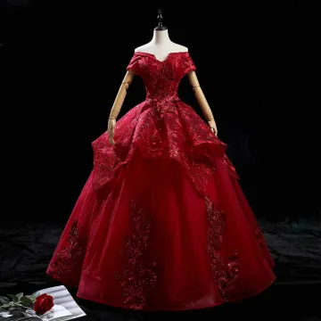 High End Burgundy Dancing Prom Dresses 2021 Ball Gown Off The Shoulder Short Sleeve Appliques Lace Beading Sequins Floor Length Long Ruffle Backless Formal Dresses