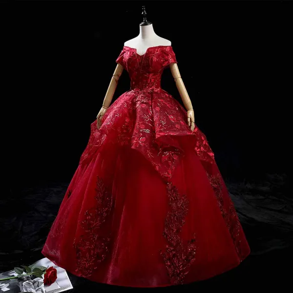 High-end Burgundy Dancing Prom Dresses 2021 Ball Gown Off-The-Shoulder Short Sleeve Appliques Lace Beading Sequins Floor-Length / Long Ruffle Backless Formal Dresses