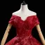High-end Burgundy Dancing Prom Dresses 2021 Ball Gown Off-The-Shoulder Short Sleeve Appliques Lace Beading Sequins Floor-Length / Long Ruffle Backless Formal Dresses