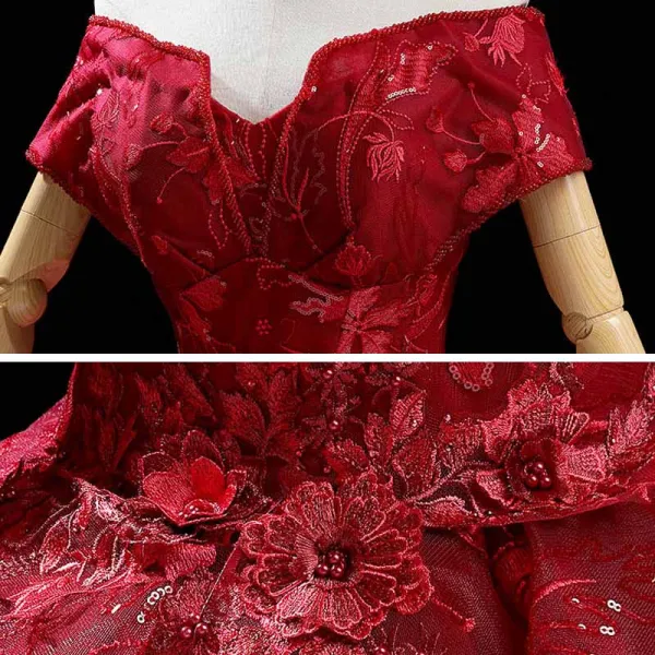High-end Burgundy Dancing Prom Dresses 2021 Ball Gown Off-The-Shoulder Short Sleeve Appliques Lace Beading Sequins Floor-Length / Long Ruffle Backless Formal Dresses
