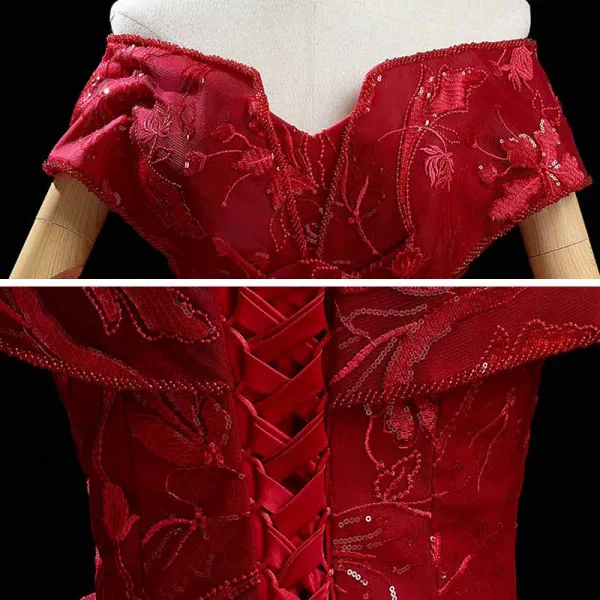 High-end Burgundy Dancing Prom Dresses 2021 Ball Gown Off-The-Shoulder Short Sleeve Appliques Lace Beading Sequins Floor-Length / Long Ruffle Backless Formal Dresses
