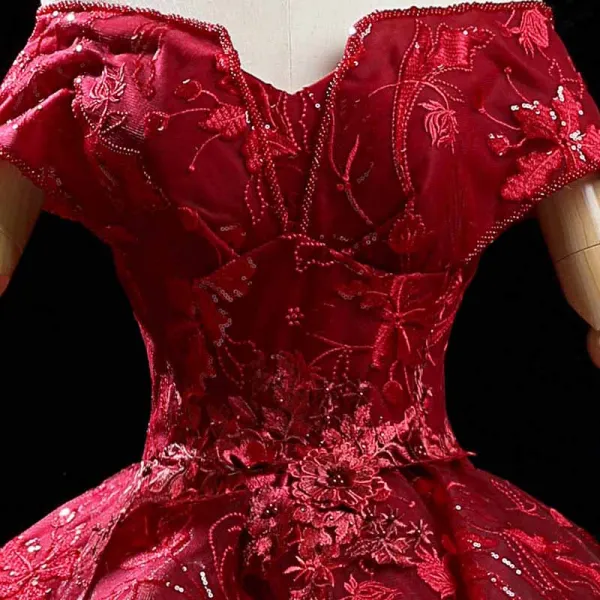High-end Burgundy Dancing Prom Dresses 2021 Ball Gown Off-The-Shoulder Short Sleeve Appliques Lace Beading Sequins Floor-Length / Long Ruffle Backless Formal Dresses