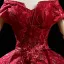 High-end Burgundy Dancing Prom Dresses 2021 Ball Gown Off-The-Shoulder Short Sleeve Appliques Lace Beading Sequins Floor-Length / Long Ruffle Backless Formal Dresses