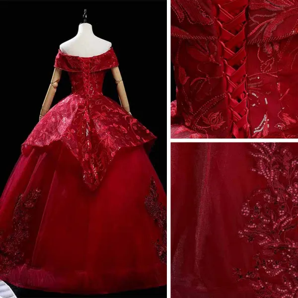 High-end Burgundy Dancing Prom Dresses 2021 Ball Gown Off-The-Shoulder Short Sleeve Appliques Lace Beading Sequins Floor-Length / Long Ruffle Backless Formal Dresses