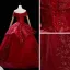 High-end Burgundy Dancing Prom Dresses 2021 Ball Gown Off-The-Shoulder Short Sleeve Appliques Lace Beading Sequins Floor-Length / Long Ruffle Backless Formal Dresses