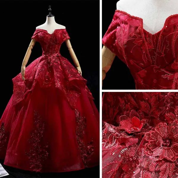 High-end Burgundy Dancing Prom Dresses 2021 Ball Gown Off-The-Shoulder Short Sleeve Appliques Lace Beading Sequins Floor-Length / Long Ruffle Backless Formal Dresses