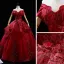 High-end Burgundy Dancing Prom Dresses 2021 Ball Gown Off-The-Shoulder Short Sleeve Appliques Lace Beading Sequins Floor-Length / Long Ruffle Backless Formal Dresses