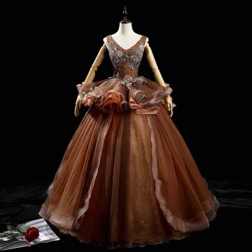 High End Brown Dancing Prom Dresses 2021 Ball Gown V Neck Sleeveless Appliques Lace Beading Sequins Floor Length Long Ruffle Backless Formal Dresses