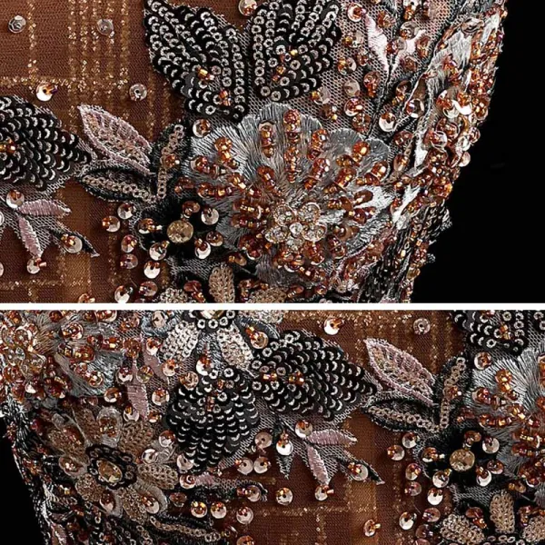 Haut de Gamme Marron Dansant Robe De Bal 2021 Robe Boule V-Cou Sans Manches Appliques En Dentelle Perlage Paillettes Longue Volants Dos Nu Robe De Ceremonie