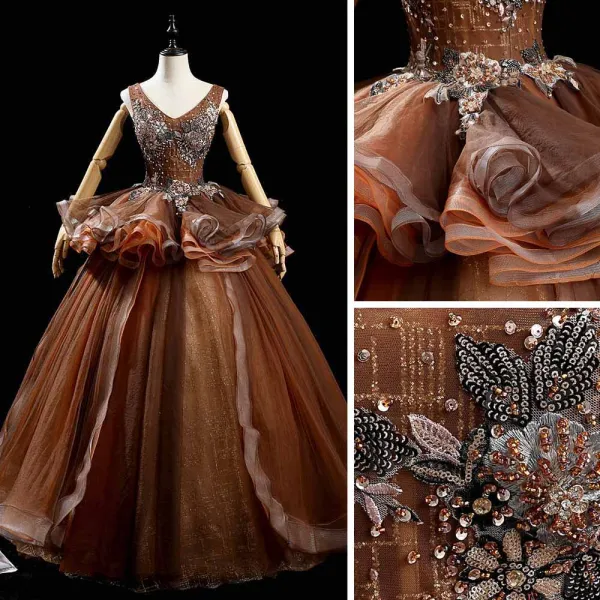 Haut de Gamme Marron Dansant Robe De Bal 2021 Robe Boule V-Cou Sans Manches Appliques En Dentelle Perlage Paillettes Longue Volants Dos Nu Robe De Ceremonie