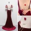 Sexy Bordeaux Velour Transparentes Robe De Soirée 2021 Trompette / Sirène Col v profond Gonflée Manches Courtes Perlage Faux Diamant Train De Balayage Dos Nu Robe De Ceremonie