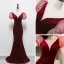 Sexy Bordeaux Velour Transparentes Robe De Soirée 2021 Trompette / Sirène Col v profond Gonflée Manches Courtes Perlage Faux Diamant Train De Balayage Dos Nu Robe De Ceremonie