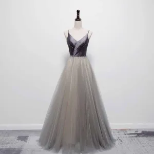 Best Grey Dancing Prom Dresses 2021 A Line Princess Spaghetti Straps Sleeveless Beading Sequins Floor Length Long Ruffle Backless Formal Dresses