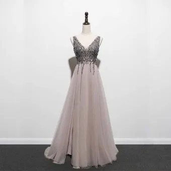 Illusion Grå Balklänningar 2021 Prinsessa V Hals Ärmlös Beading Paljetter Slits Fram Svep Tåg Ruffle Halterneck Formella Klänningar