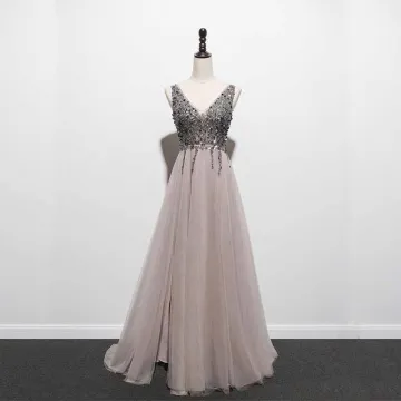Illusion Grey Prom Dresses 2021 A Line Princess V Neck Sleeveless Beading Sequins Split Front Sweep Train Ruffle Backless Formal Dresses