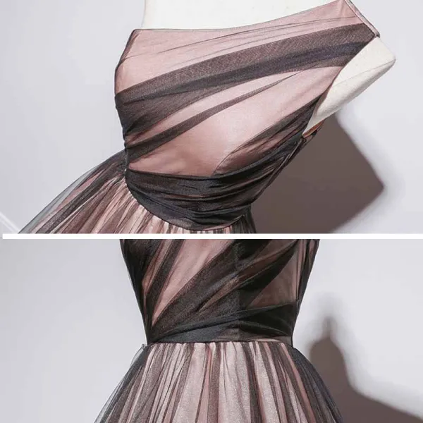 Fashion Black Brown Dancing Prom Dresses 2021 A-Line / Princess One-Shoulder Sleeveless Floor-Length / Long Ruffle Backless Formal Dresses