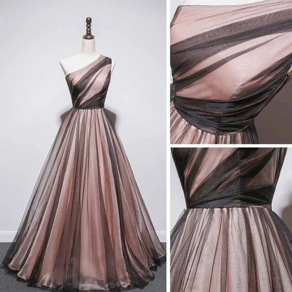 Fashion Black Brown Dancing Prom Dresses 2021 A-Line / Princess One-Shoulder Sleeveless Floor-Length / Long Ruffle Backless Formal Dresses