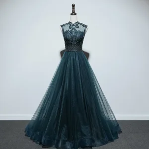 Haut De Gamme Bleu D Encre Transparentes Dansant Robe De Bal 2021 Princesse Col Haut Sans Manches Appliques En Dentelle Perlage Perle Longue Volants