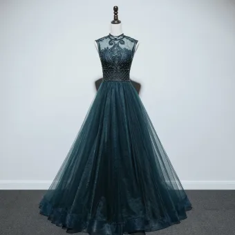 Haut De Gamme Bleu D Encre Transparentes Dansant Robe De Bal 2021 Princesse Col Haut Sans Manches Appliques En Dentelle Perlage Perle Longue Volants