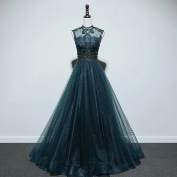 Haut De Gamme Bleu D Encre Transparentes Dansant Robe De Bal 2021 Princesse Col Haut Sans Manches Appliques En Dentelle Perlage Perle Longue Volants