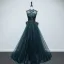 Haut de Gamme Bleu D'encre Transparentes Dansant Robe De Bal 2021 Princesse Col Haut Sans Manches Appliques En Dentelle Perlage Perle Longue Volants