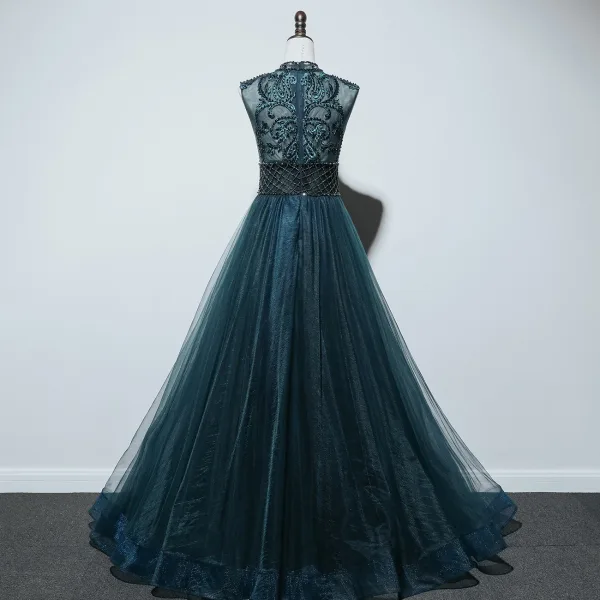Haut de Gamme Bleu D'encre Transparentes Dansant Robe De Bal 2021 Princesse Col Haut Sans Manches Appliques En Dentelle Perlage Perle Longue Volants