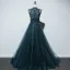 Haut de Gamme Bleu D'encre Transparentes Dansant Robe De Bal 2021 Princesse Col Haut Sans Manches Appliques En Dentelle Perlage Perle Longue Volants